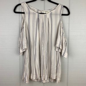Max Studio White Blue Stripe Cold Shoulder Ties Top Blouse Pleated Short Sleeve